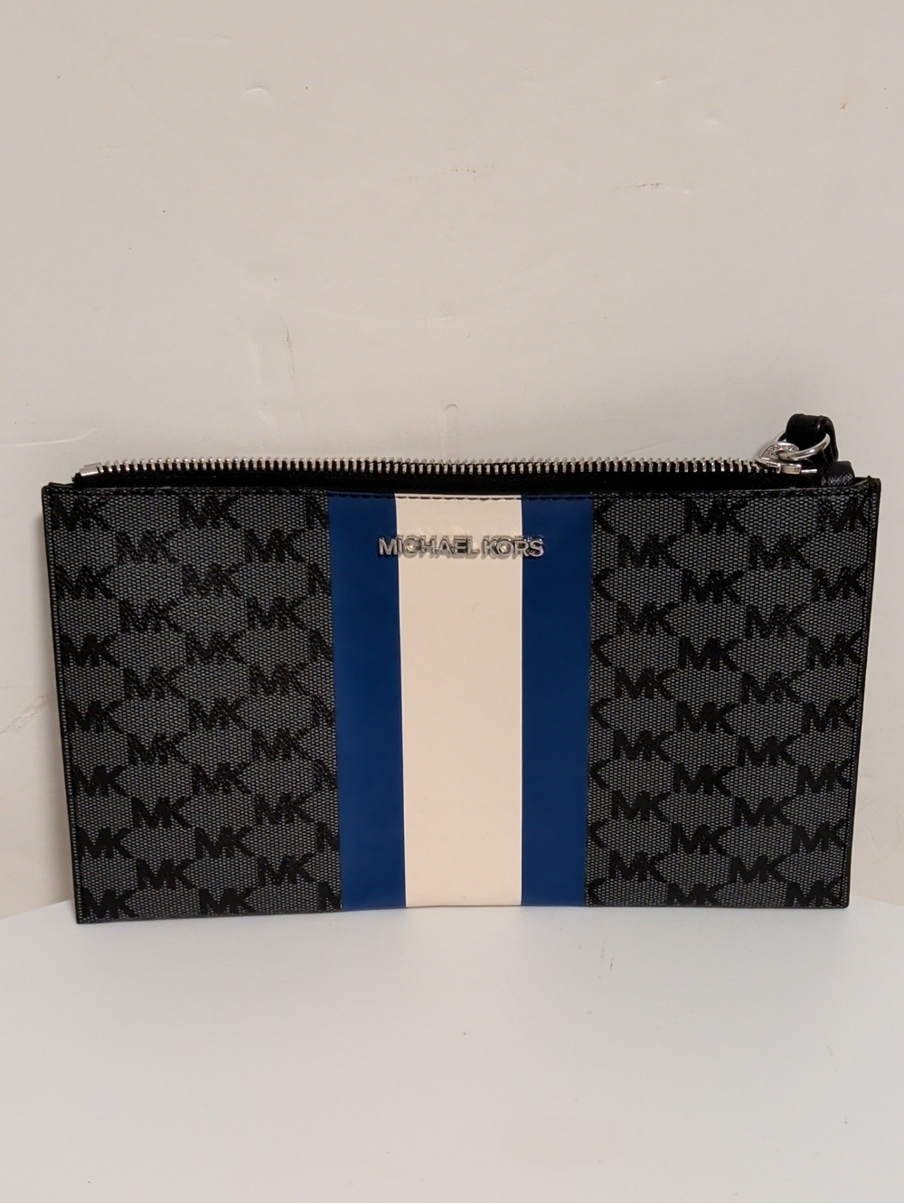 Michael Kors Black Leather Clutch with Blue and Cream Center Stripe